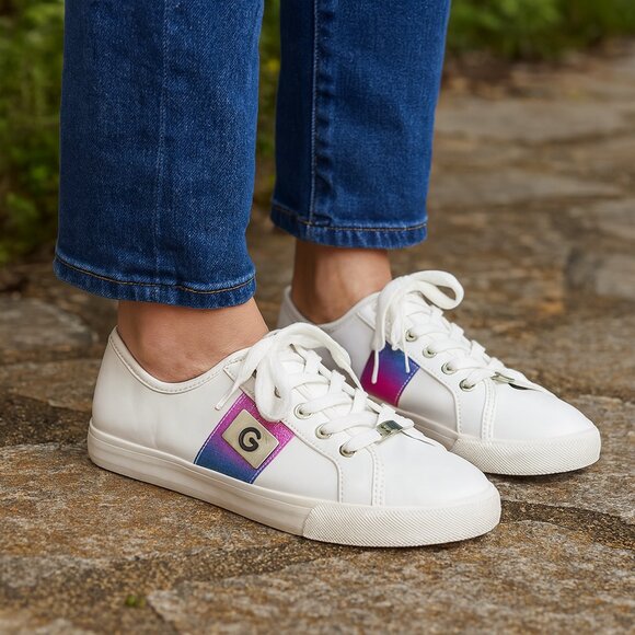 G by Guess Shoes - G by Guess Women White Lace Up Glitter on Stripe Sneakers Casual Shoes Size 7.5